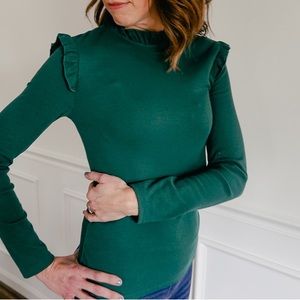 Women’s Medium Green Ruffle Trim Fitted Top